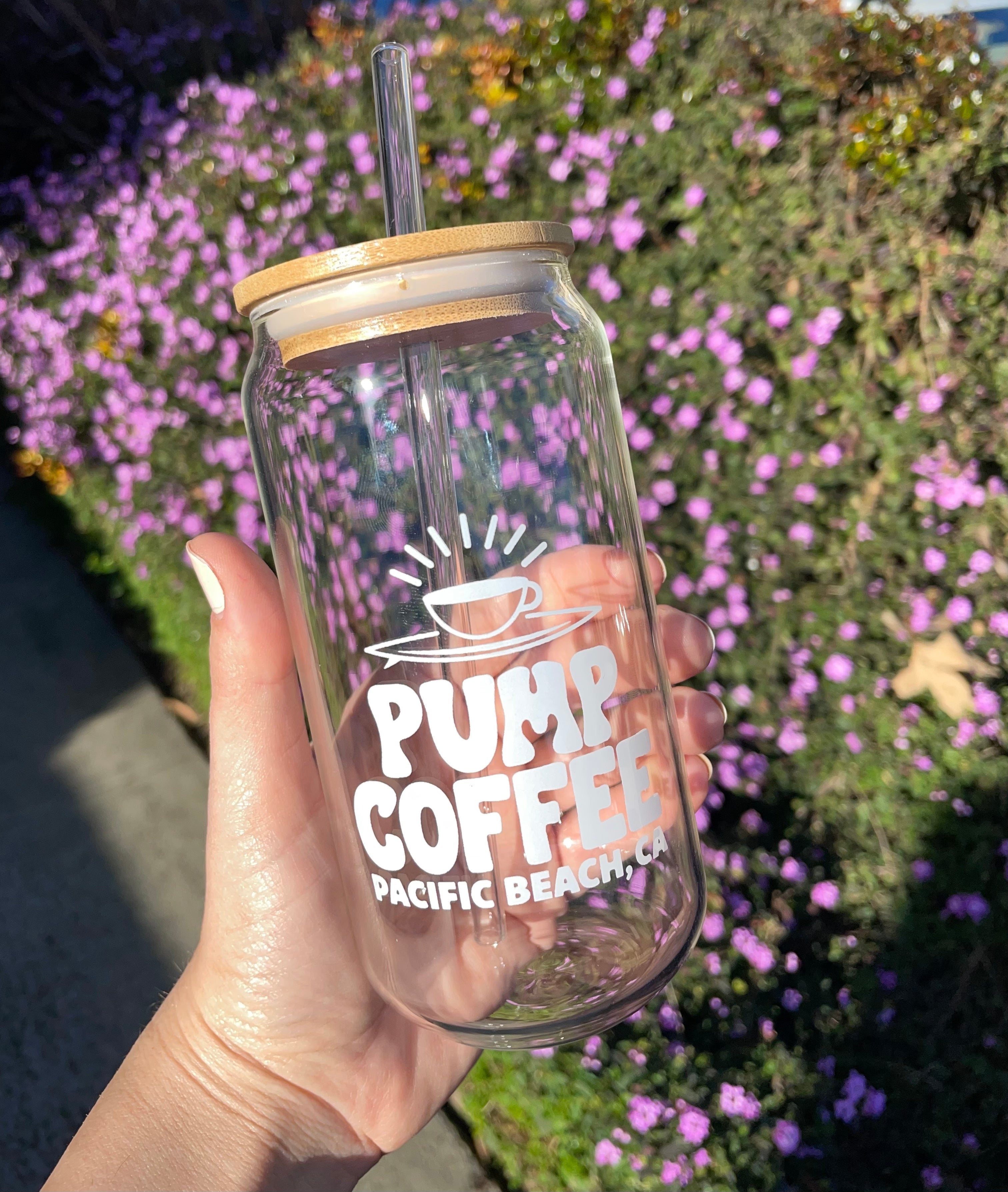 Pump Coffee Glass Can with Bamboo Lid and Glass Straw